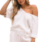 White Relaxed V Neck Blouse and Drawstring Raw Hem Shorts Set