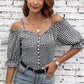 Black Sweetheart Gingham Button Down Cold Shoulder Blouse