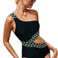 Black Zigzag Accent Cutout One Shoulder Teddy Swimwear