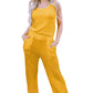 Yellow Crinkled U Neck Tank Top and Wide Leg Pants Set