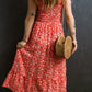 Red Boho Floral Self Tie Straps Smocked Bodice Long Dress