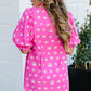 Bright Pink Printed Shirred Yoke Half Puff Sleeve Dress