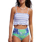 Blue Printed Smocked High waisted swimsuits