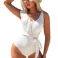 White Asymmetric Ruffle Trim Tie Waist One Piece Swimsuit