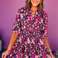 Rose Abstract Print V Neck Collared Half Sleeve Short Dress