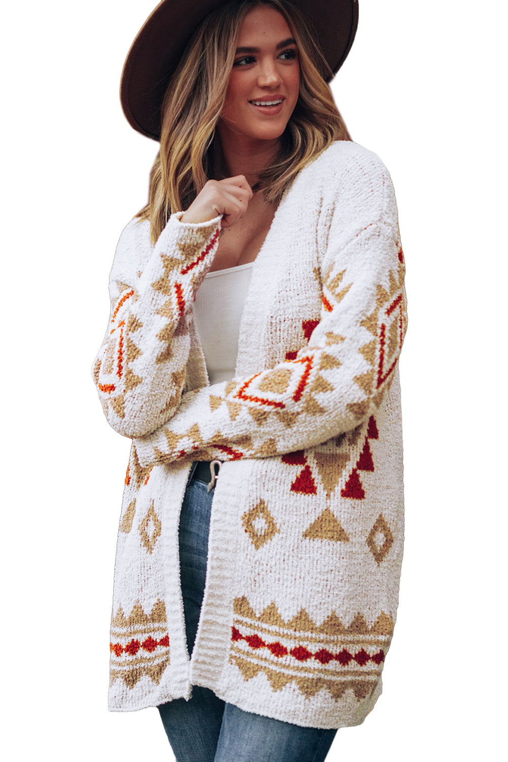 White Aztec Pattern Open Knitted Cardigan