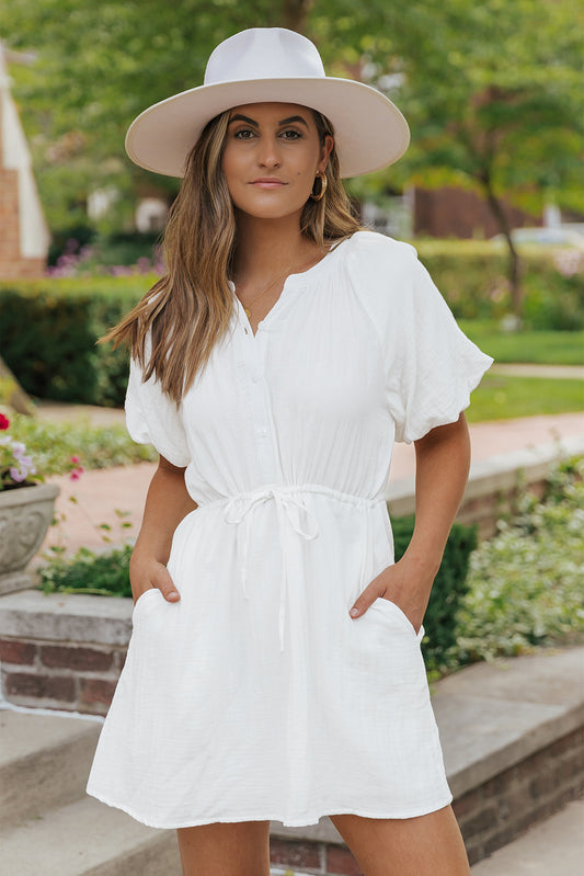 White Puff Sleeve Drawstring Shirt Dress with Pockets