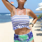 Blue Printed Smocked High waisted swimsuits