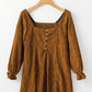 Chestnut Lace Crochet Buttoned Square Neck Shift Mini Dress