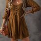 Chestnut Lace Crochet Buttoned Square Neck Shift Mini Dress