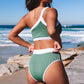 Green One Shoulder Patchwork High-waisted Bikini Set