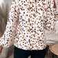 White Leopard Print Lantern Sleeve Mock Neck Pleated Blouse