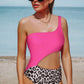 Rose Leopard Patchwork Asymmetric Cutout One Piece Swimsuit