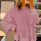 Pink Waffle Knit Bishop Sleeve Split Oversized Sweatshirt