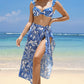 White 3pcs Flower Print Ruffled Bikini with Cover up