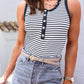 White Stripe Ribbed Knit Buttoned U Neck Tank Top