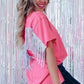 Rose Red Sequined Fringe Wing High-low Hem T-shirt