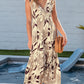 Brown Ruffled V Neck Leaves Print Long Dress