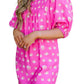 Bright Pink Printed Shirred Yoke Half Puff Sleeve Dress