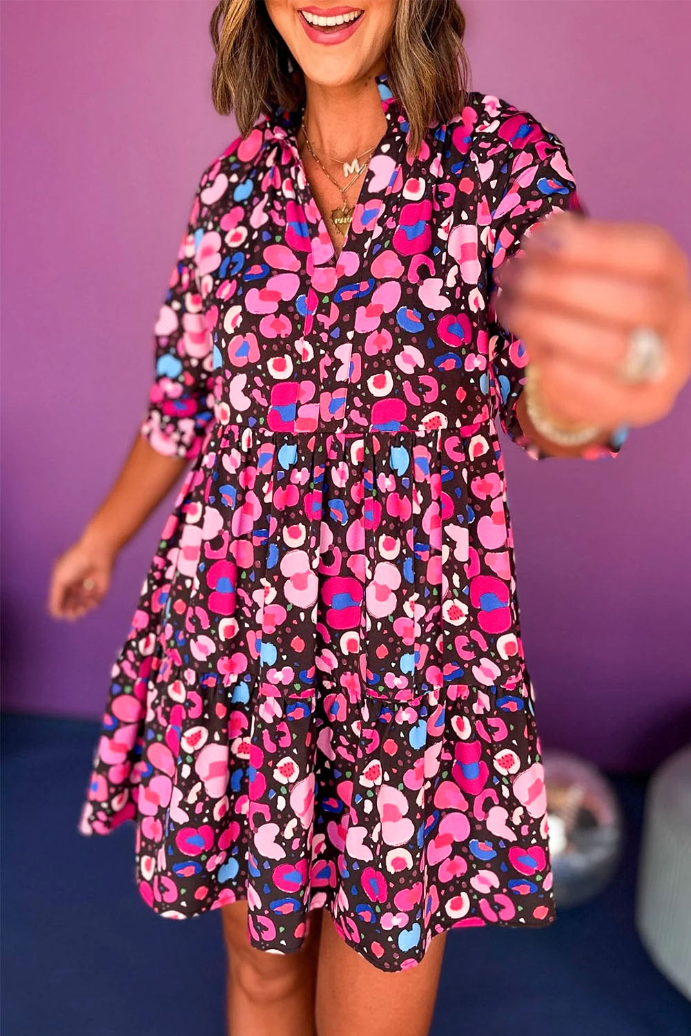 Rose Abstract Print V Neck Collared Half Sleeve Short Dress