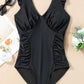 Black Ruffled Trim Ruched One Piece Bathing Suit