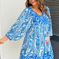 Sky Blue Bohemian Print Puff Sleeve Tied V Neck Flared Mini Dress