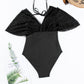 Black Lace Patchwork Short Sleeve Surplice Neck Monokini