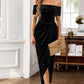 Black Velvet Off Shoulder Pleated Wrap Evening Dress