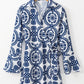 Blue Floral Print V Neck Wrapped Knot Long Sleeve Dress