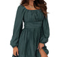 Green Ruched Square Neck Puff Sleeve Mini Dress