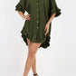 Moss Green High-low Hem Ruffle Sleeve Pleated Shirt Dress