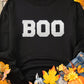 Black Chenille BOO Patched Pattern Crewneck Halloween Sweatshirt