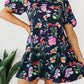 Black Floral Short Bubble Sleeve Button Mandarin Collar Dress