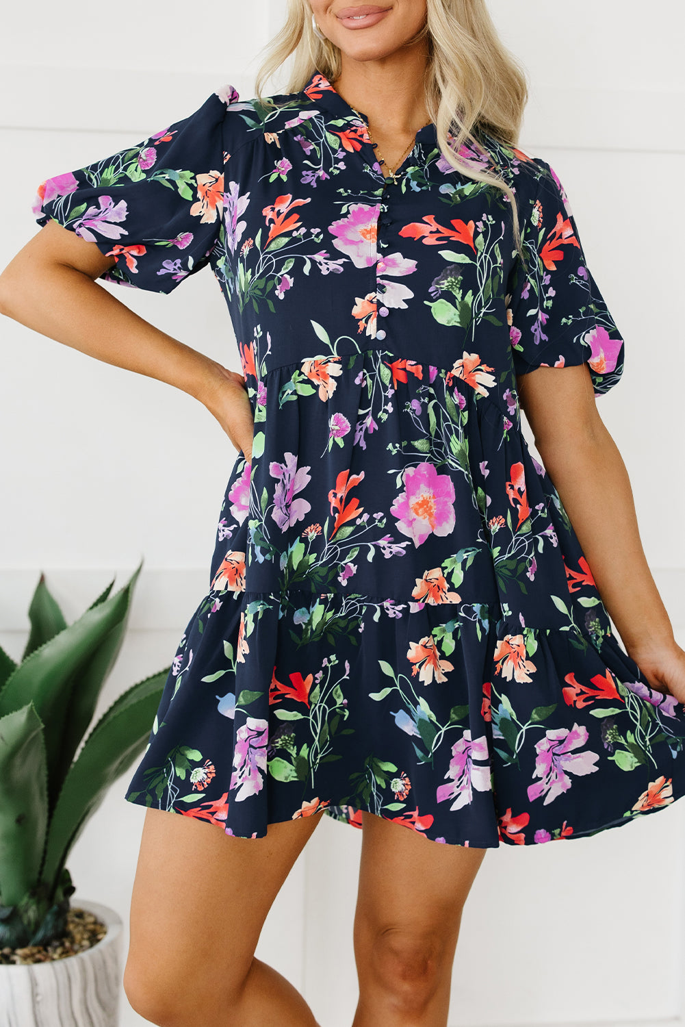 Black Floral Short Bubble Sleeve Button Mandarin Collar Dress