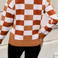 Orange Checkered Ribbed Edge O Neck Drop Shoulder Sweater