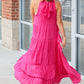 Rose Red High Frilled Neck Tiered Sleeveless Maxi Dress