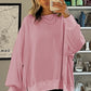 Pink Waffle Knit Bishop Sleeve Split Oversized Sweatshirt