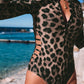 Leopard Print Zipper Cut-out Rash Guard Swimsuit