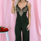 Black Lace V Neck Bodice Spaghetti Straps Wide Leg Jumpsuit