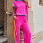 Strawberry Pink Color Block Detail Casual Two-piece Set