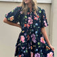 Black Floral Short Bubble Sleeve Button Mandarin Collar Dress