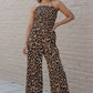 Leopard Print Halter Neck Backless Wide Leg Jumpsuit