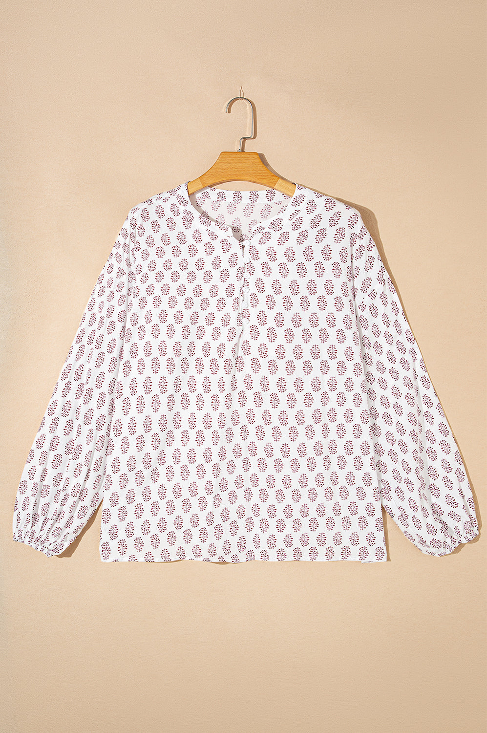 White Boho Print Long Sleeve Buttoned Blouse