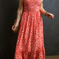 Red Boho Floral Self Tie Straps Smocked Bodice Long Dress