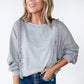 Light Grey Waffle Patchwork Long Sleeve Raw Hem Pullover Top