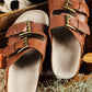 Chestnut Dual Buckle Studded Platform Sandal Slippers