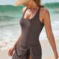 Coffee Knotted Split Skirt One Piece Swim Dress