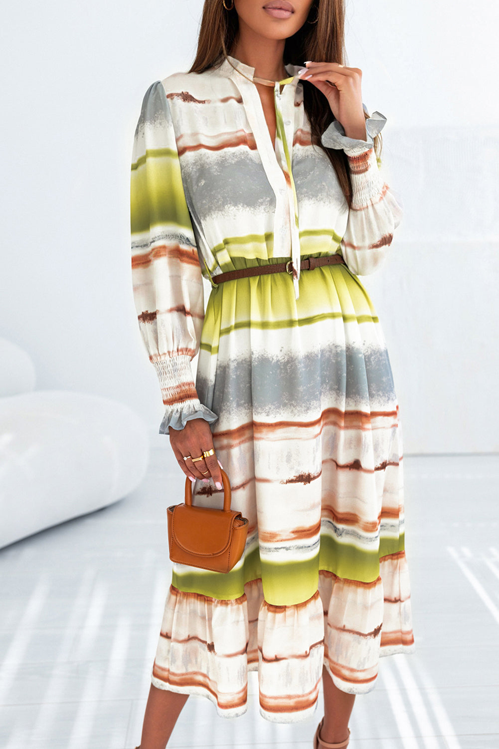 Multicolor Lace Up Tie-dye Print Long Shirt Dress