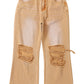 Brown Distressed Hollow-out High Waist Cropped Flare Jeans