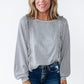 Light Grey Waffle Patchwork Long Sleeve Raw Hem Pullover Top